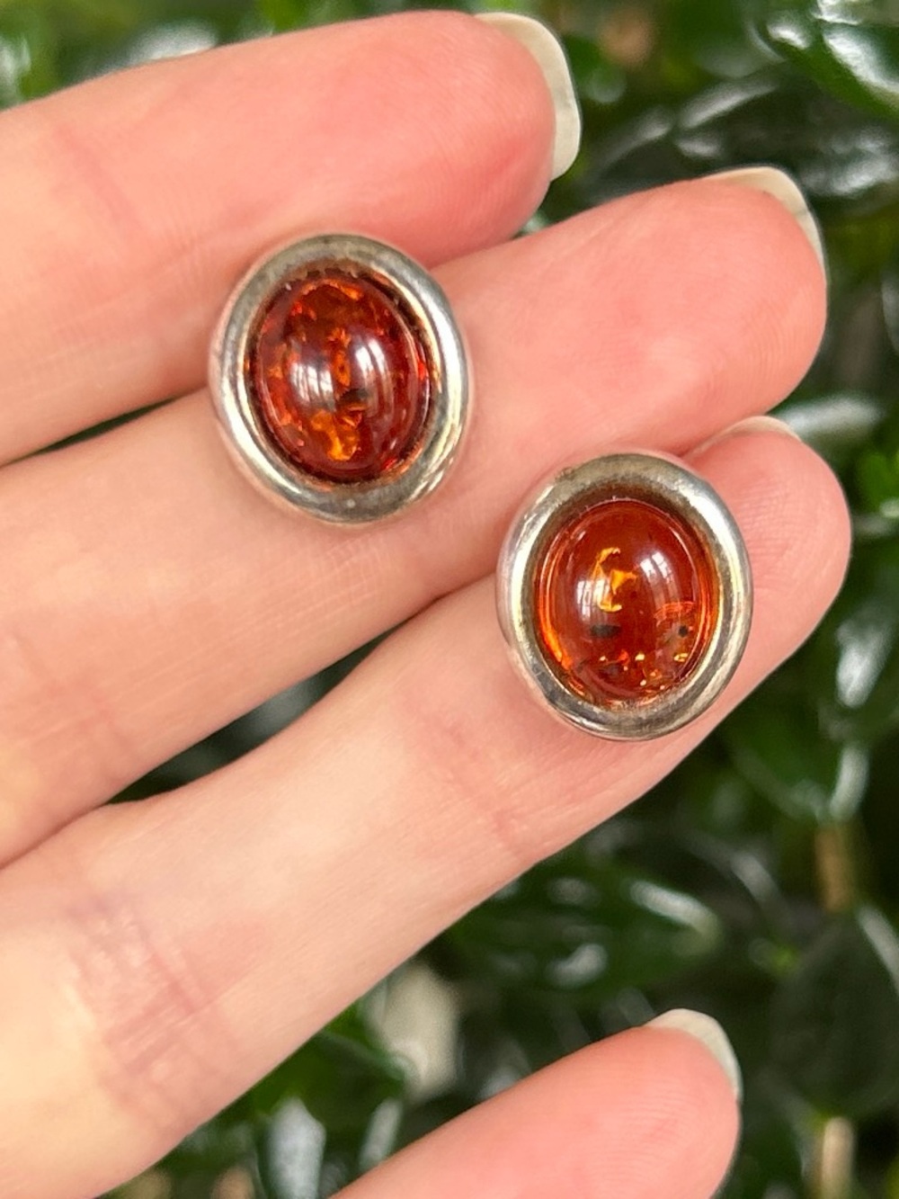 Vintage Sterling Silver Amber Oval Stud Earrings - Amber